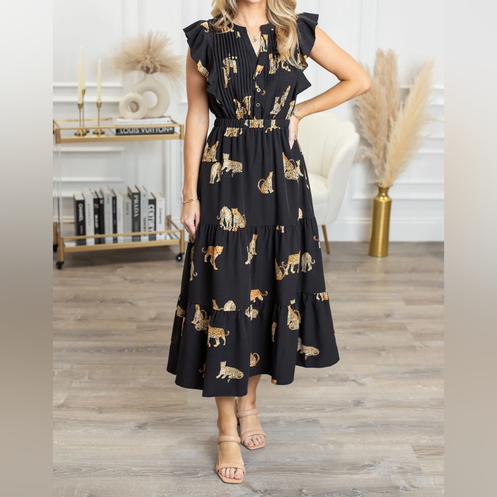 THML Drew Leopard Flutter Sleeve Midi Dress anthropologie